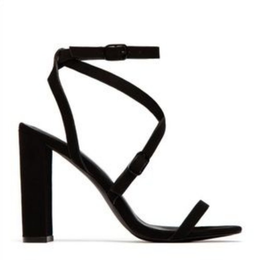 Strappy Faux Suede Block Heels in Red - Picture 9 of 9
